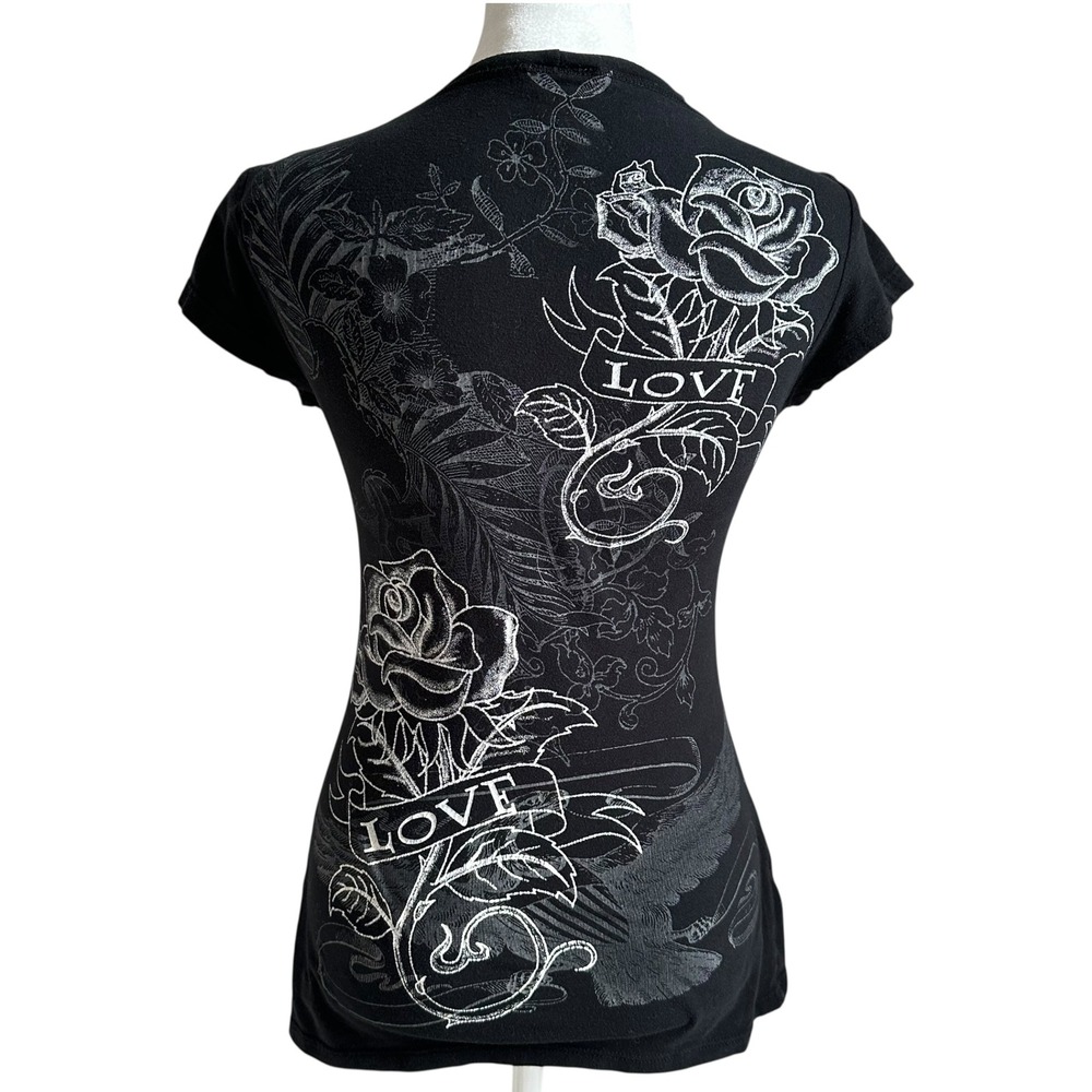 Y2K Tattoo Graphic Rose Love Rhinestone Black Short Sleeve Tee Shirt Women S - Picture 6 of 8